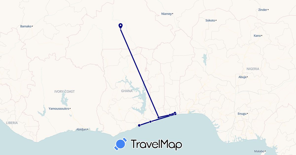 TravelMap itinerary: driving in Burkina Faso, Benin, Ghana, Togo (Africa)